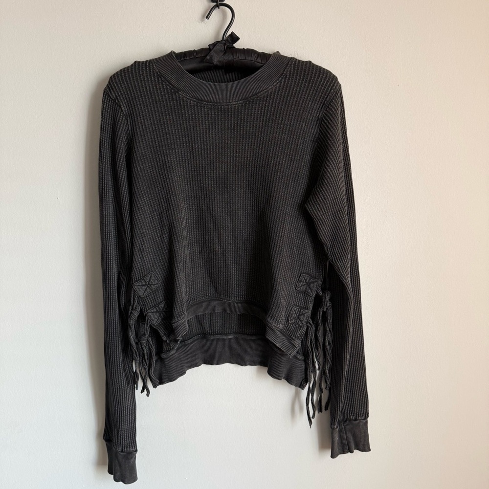 Free People One Interlaken Thermal top Waffle Knit Oversized charcoal grey - Picture 2 of 6
